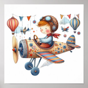 Whimsical Kinderzimmer Art Child Flying Old Airpla Poster