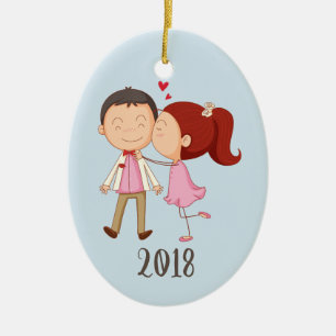 Whimsical Kissing Couple Keepake Year Keramik Ornament
