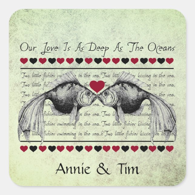 Whimsical Kissing Fish Valentine Individuellen Nam Quadratischer Aufkleber (Vorderseite)