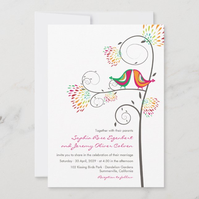 Whimsical Kissing Summer Love Birds Wedite Einladu Einladung (Vorderseite)