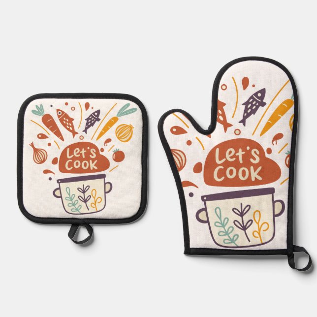 Whimsical Kitchen Scene with "Lass's Cook" Text - Ofenhandschuh & Topflappen-Set (Vorderseite)