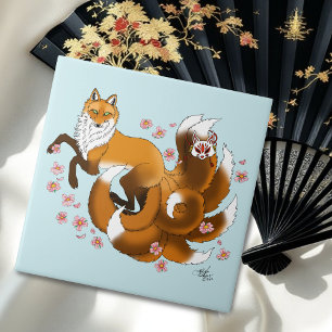 Whimsical Kitsune Fuchs Blaue Kirschblüten Fantasy Fliese