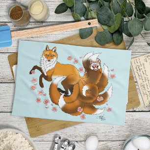 Whimsical Kitsune Fuchs Blaue Kirschblüten Fantasy Geschirrtuch
