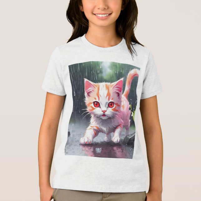 Whimsical Kitten Rain Run Premium Unisex Jugend-T- Tri-Blend Shirt (Vorderseite)