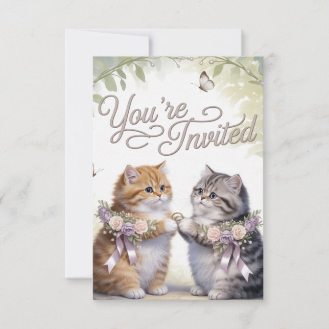 Whimsical Kitten Wedding Einladung (Vorderseite)