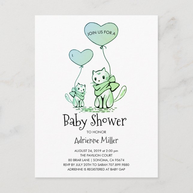 Whimsical Kittens and Balloons Boy Baby Dusche Einladungspostkarte (Vorderseite)
