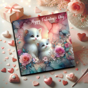 Whimsical Kittens Watercolor Floral Valentinstag Feiertagskarte