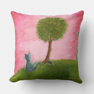 Whimsical Kitty Cat Folk Art Malerei Pink Sky Kissen