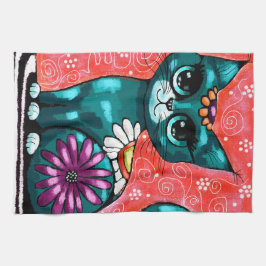 Whimsical Kitty Cat Sitzen auf Rug Floral Aquamari Geschirrtuch
