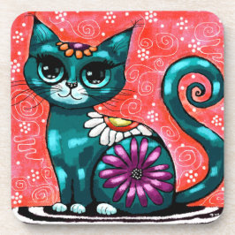 Whimsical Kitty Cat Sitzen auf Rug Floral Aquamari Getränkeuntersetzer