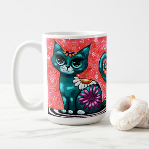 Whimsical Kitty Cat Sitzen auf Rug Floral Aquamari Kaffeetasse