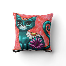 Whimsical Kitty Cat Sitzen auf Rug Floral Aquamari