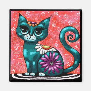 Whimsical Kitty Cat Sitzen auf Rug Floral Aquamari Magnet