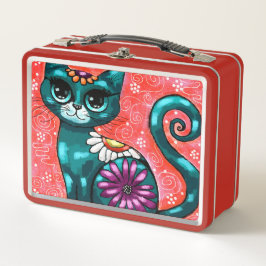 Whimsical Kitty Cat Sitzen auf Rug Floral Aquamari Metall Brotdose