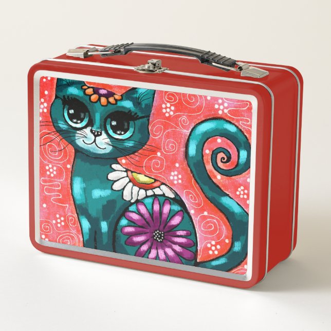 Whimsical Kitty Cat Sitzen auf Rug Floral Aquamari Metall Brotdose (Vorderseite)