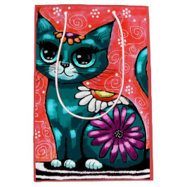 Whimsical Kitty Cat Sitzen auf Rug Floral Aquamari Mittlere Geschenktüte