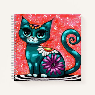 Whimsical Kitty Cat Sitzen auf Rug Floral Aquamari Notizbuch