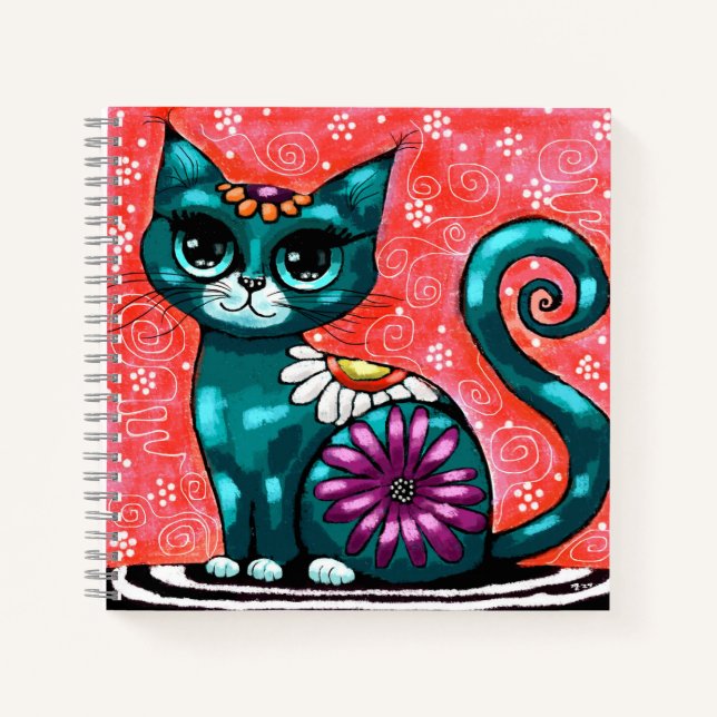 Whimsical Kitty Cat Sitzen auf Rug Floral Aquamari Notizbuch (Vorderseite)