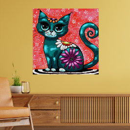 Whimsical Kitty Cat Sitzen auf Rug Floral Aquamari Poster