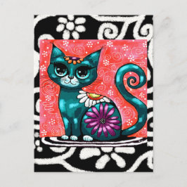 Whimsical Kitty Cat Sitzen auf Rug Floral Aquamari Postkarte