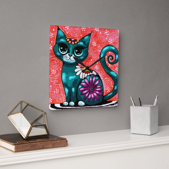 Whimsical Kitty Cat Sitzen auf Rug Floral Aquamari Quadratische Wanduhr (Büro)
