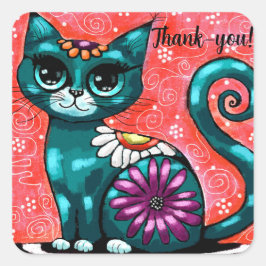 Whimsical Kitty Cat Sitzen auf Rug Floral Aquamari Quadratischer Aufkleber