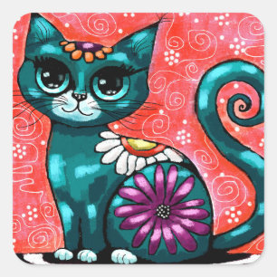 Whimsical Kitty Cat Sitzen auf Rug Floral Aquamari Quadratischer Aufkleber