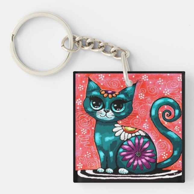 Whimsical Kitty Cat Sitzen auf Rug Floral Aquamari Schlüsselanhänger (Vorderseite)