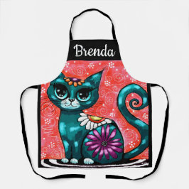 Whimsical Kitty Cat Sitzen auf Rug Floral Aquamari Schürze