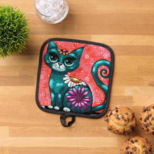 Whimsical Kitty Cat Sitzen auf Rug Floral Aquamari Topflappen (Oben Unten)
