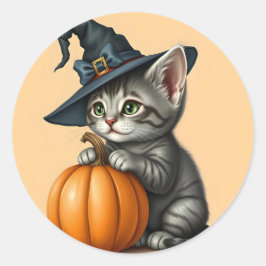 Whimsical Kitty Witch, Halloween Kitten Witch,     Runder Aufkleber