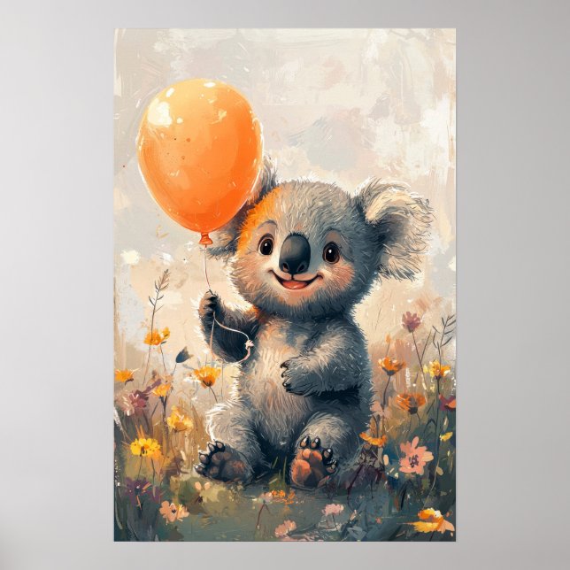 Whimsical Koala mit Orange Balloon in Meadow Digi Poster (Vorne)