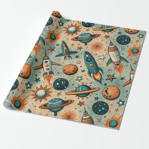 Whimsical Kosmische Raketen Sterne Türkis Koralle Geschenkpapier