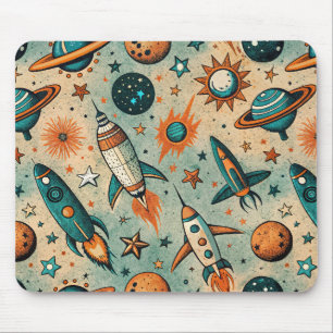 Whimsical Kosmische Raketen Sterne Türkis Koralle Mousepad