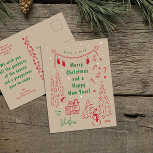 Whimsical Kraft Paper Christmas Scene Postcard Feiertagspostkarte