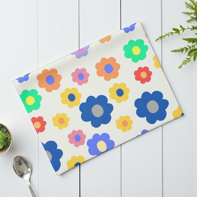 Whimsical kühl farbenfroh floral Retro fröhlich Geschirrtuch (Whimsical Bold Colorful Floral Retro Cheerful Kitchen Towel)