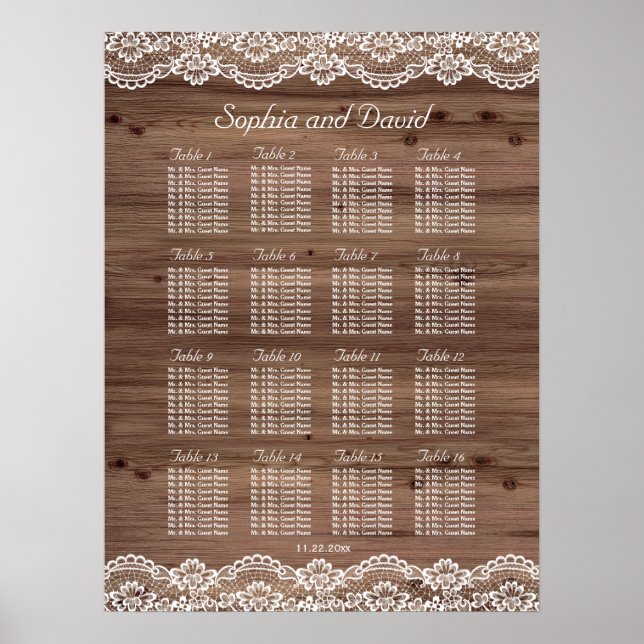 Whimsical Lace Old Barn Wedding Chart Poster (Vorne)