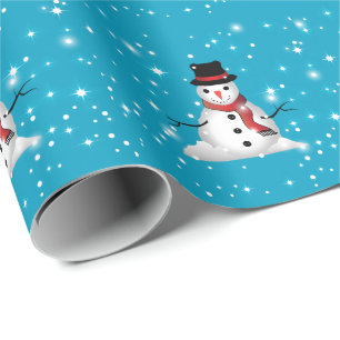 Whimsical Lächeln Snowman mit Red Scarf auf BLAUE Geschenkpapier