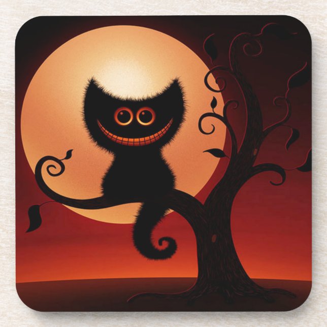 Whimsical lächelnd schwarze Katze Getränkeuntersetzer (Vorderseite)