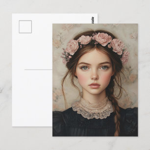 Whimsical Lady in einer Blume Crown Portrait Postkarte