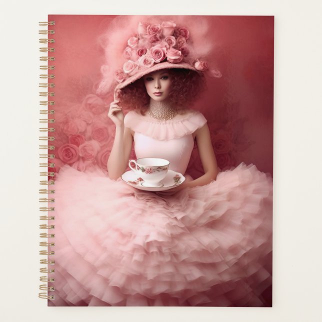 Whimsical Lady in Pink mit Teacup Planer (Vorderseite)