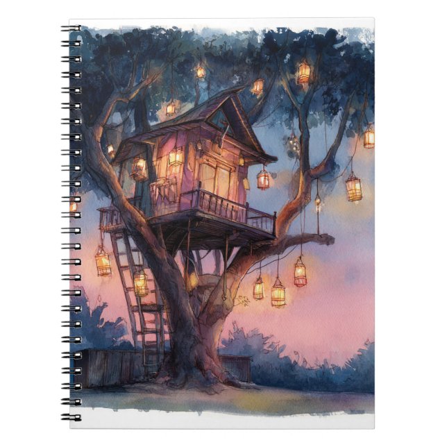 Whimsical Lantern Treehouse Twilight Art Notebook Notizblock (Vorderseite)