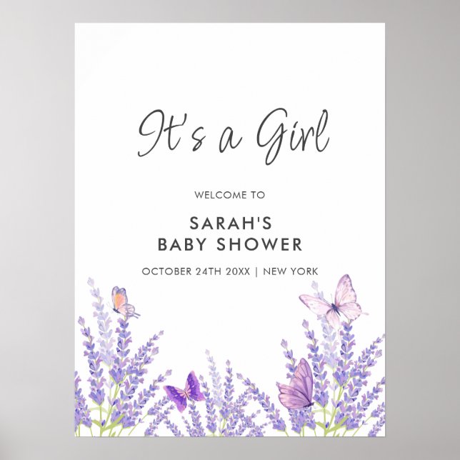 Whimsical Lavender Butterfly Baby Dusche Willkomme Poster (Vorne)
