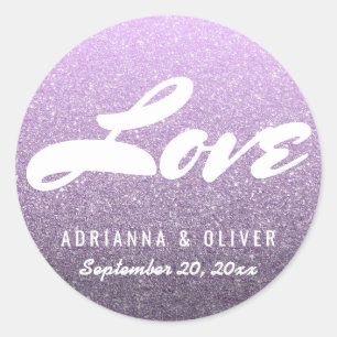 Whimsical Lavender Glitzer Hochzeit Liebe Typograf Runder Aufkleber