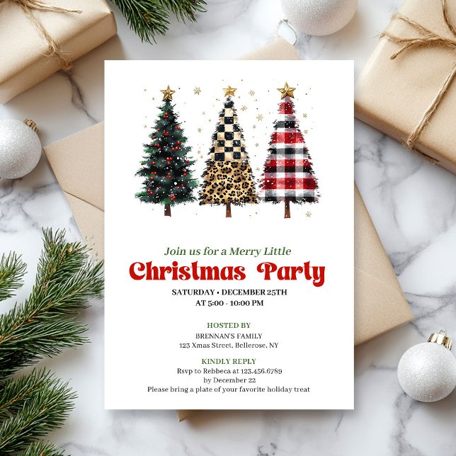 Whimsical leopard and gold Christmas tree invite Einladung (Whimsical leopard and gold Christmas tree invitation)