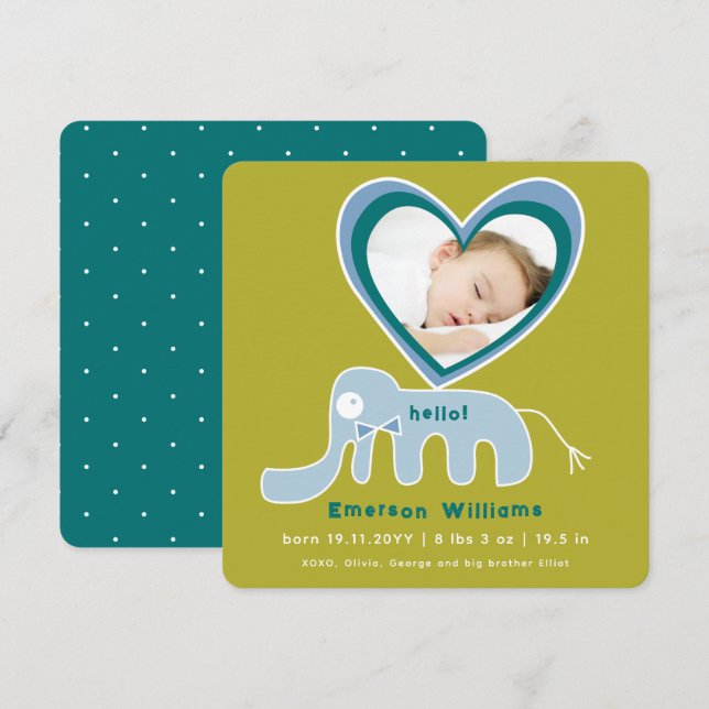 Whimsical Liebe Blue Elephant Foto Baby Boy Birth Ankündigung (Vorne/Hinten)