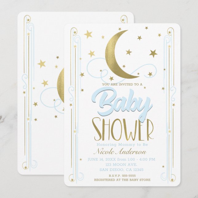 Whimsical Light Blue & Gold Moon Stars Baby Dusche Einladung (Vorne/Hinten)