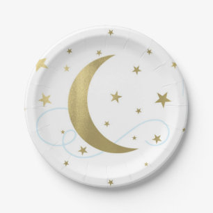 Whimsical Light Blue & Gold Moon Stars Baby Dusche Pappteller