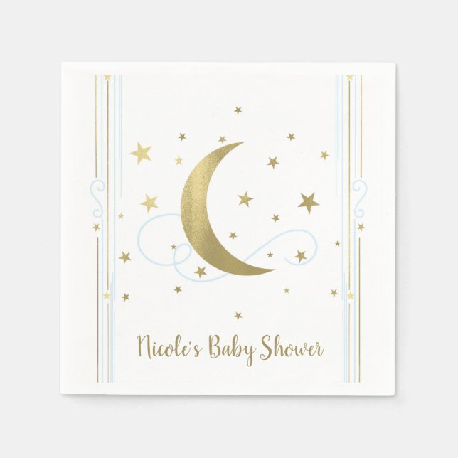 Whimsical Light Blue & Gold Moon Stars Baby Dusche Serviette (Vorderseite)
