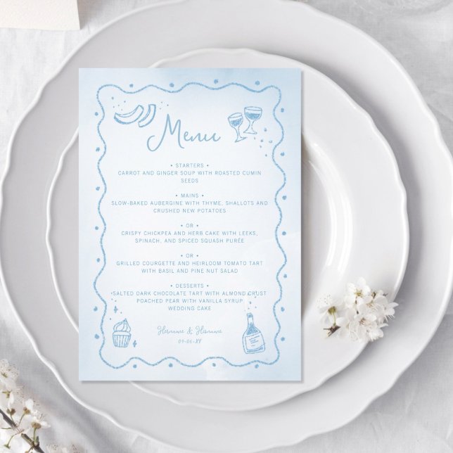 Whimsical Light Blue Hand Drawn Food Wedding Menükarte (Von Creator hochgeladen)